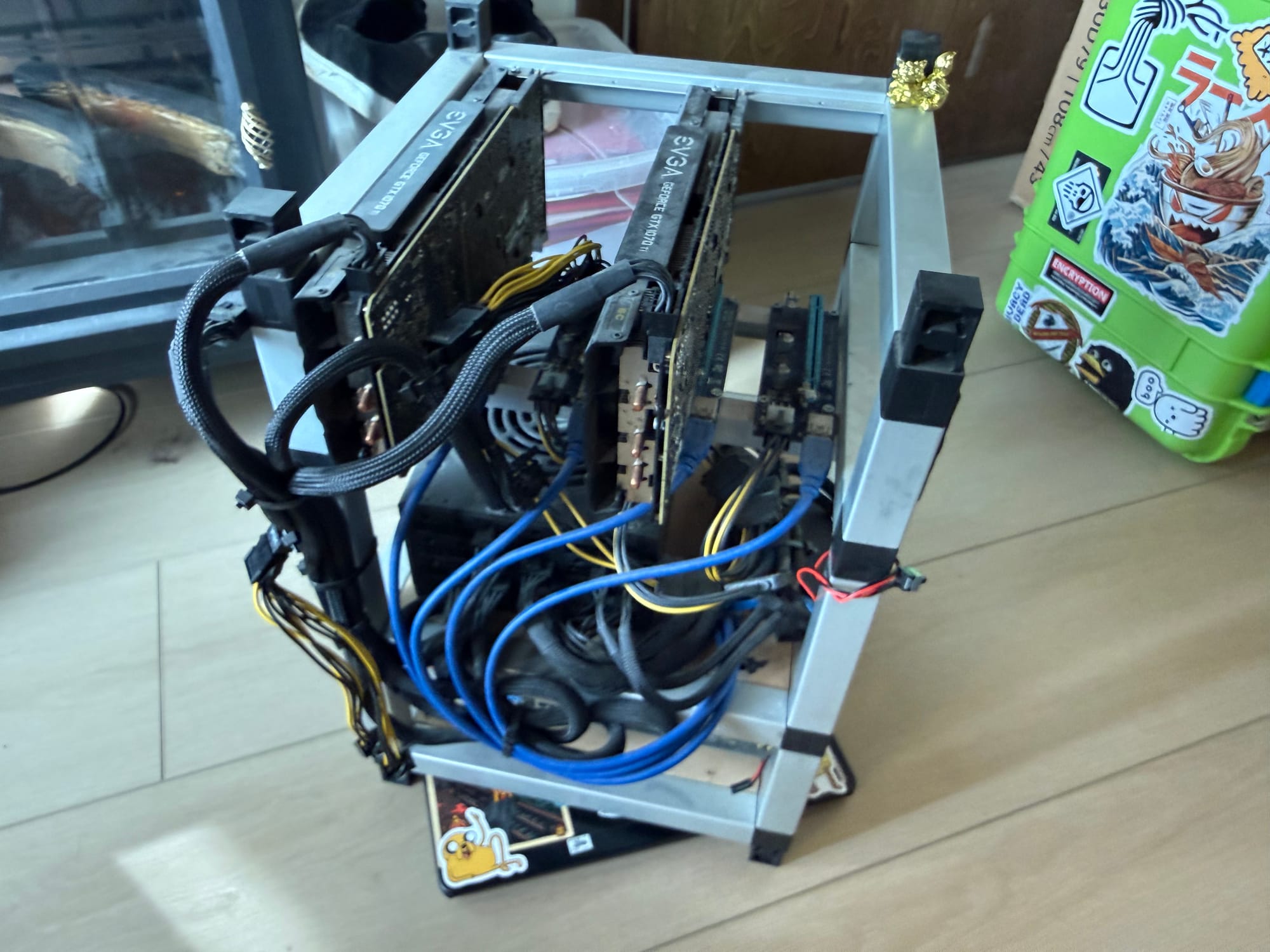 The old rig. Dual EVGA 1070 Tis in an open frame. She served well.